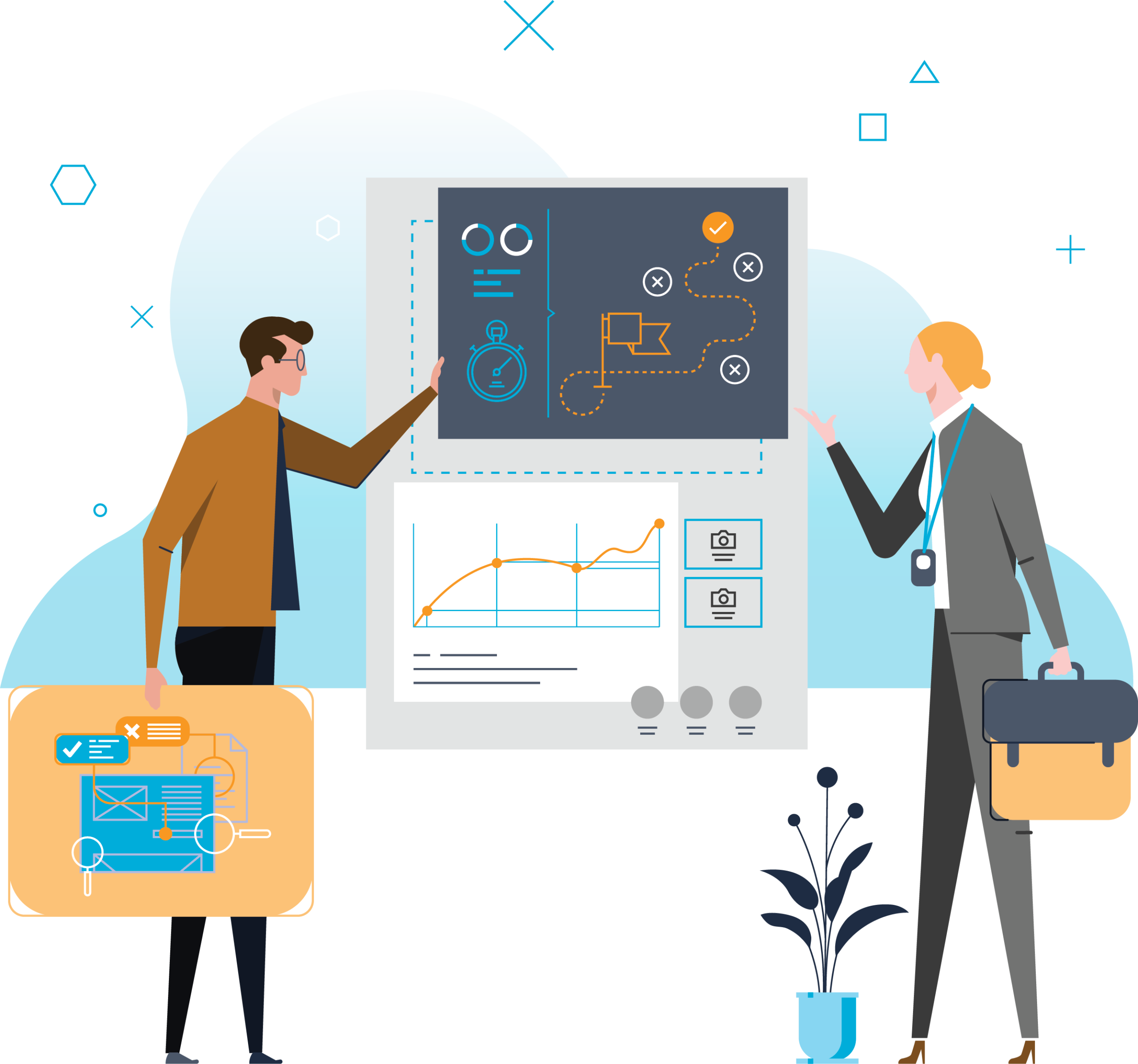 vector of office workers reviewing graphs and reports